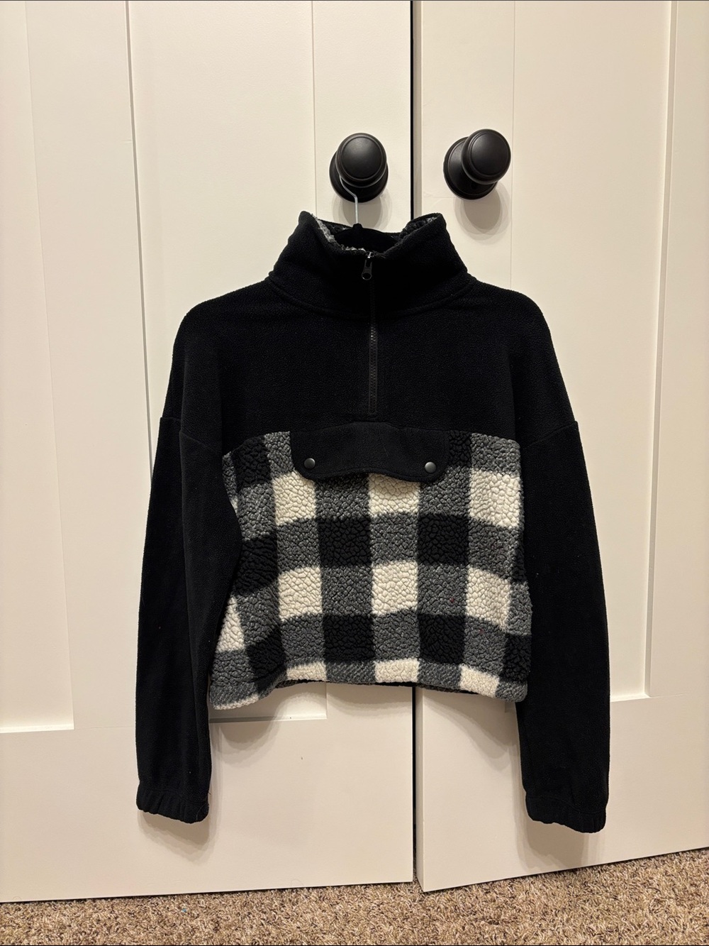 Pink Rose Black and White Buffalo Check Half-Zip Pullover Sweater